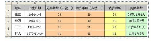 在excel中如何计算周岁、虚岁以及实际年龄?