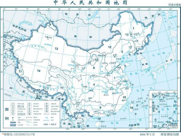 中国地形图中的来自主要山脉、主要河流