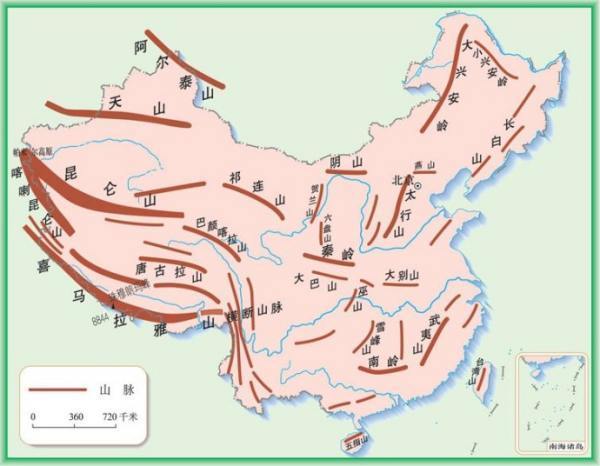 中国地形图中的来自主要山脉、主要河流