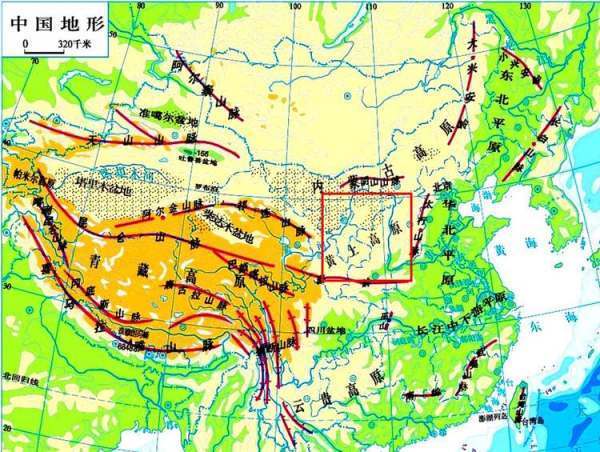 中国地形图中的来自主要山脉、主要河流