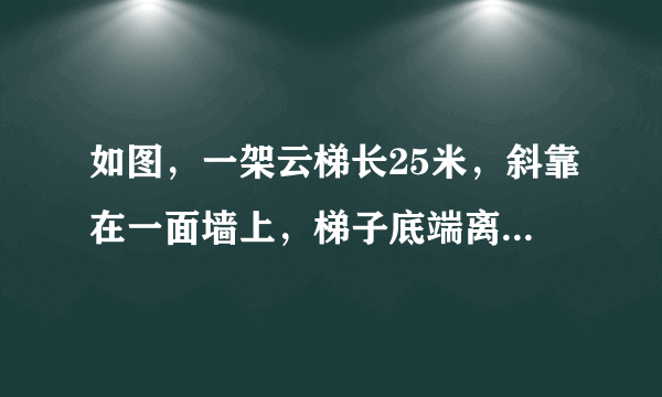 如图，一架云梯长25米，斜靠在一面墙上，梯子底端离墙7米。（1）这个梯子的顶端距地面有多高？（2）如果梯子的顶端下滑4米，那么梯子的底部在水平方向也滑动了4米吗？