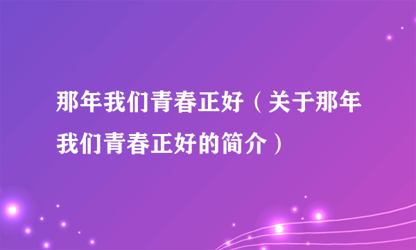 那年我们青春正好（关于那年我们青春正好的简介）