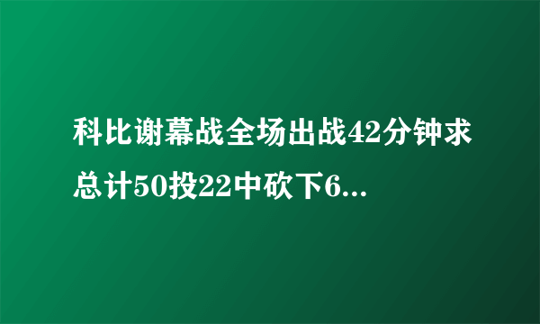 科比谢幕战全场出战42分钟求总计50投22中砍下60分4个篮板4次助攻